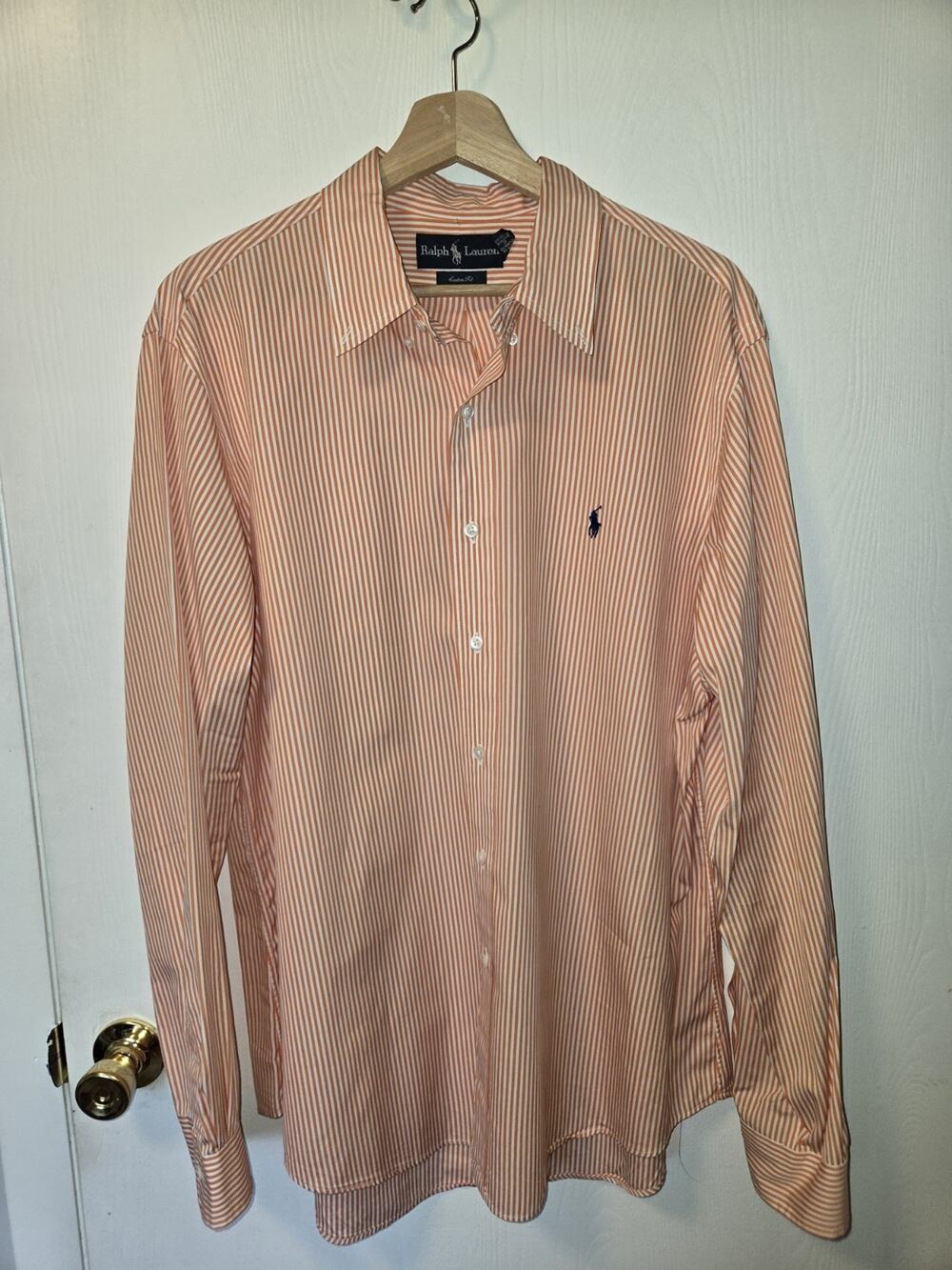 Ralph Lauren Mens XL Custom Fit Polished Cotton Dress Shirt Orange White Stripe